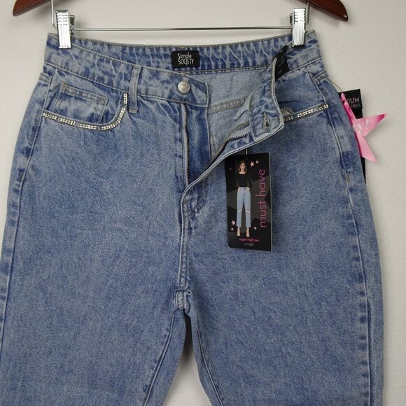 Rhinestone Trim Jeans Simple Society Size 7 Blue Distressed Denim Cropped - Picture 4 of 10